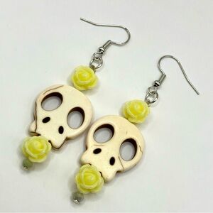 Skull and Off White Pale Yellow Resin Rose Handmade Earrings